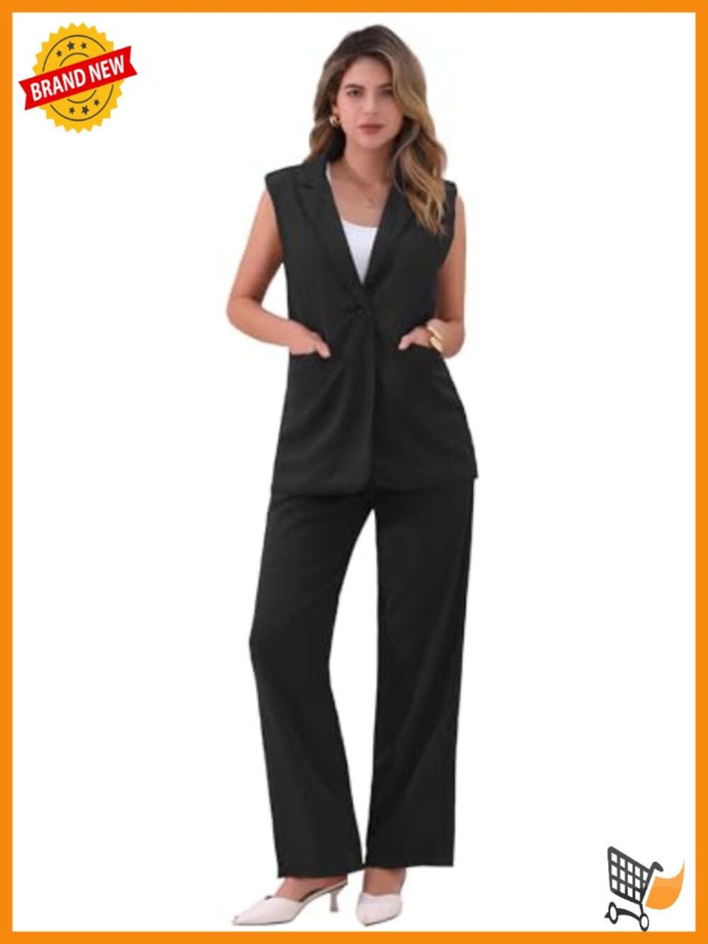 Sleeveless Blazer & Wide Leg Pants 2 Piece Pant Suit Set Business Casual